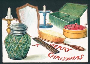 Inhalt eines Schminktisches, Weihnachtskarte von English School