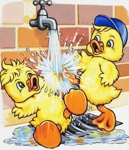 Entenküken entdecken, wie man einen Wasserhahn benutzt von English School