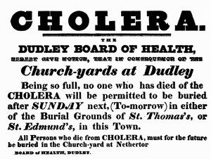 Plakat des Gesundheitsamtes von Dudley, das das Begräbnisverfahren für Menschen ankündigt, die an Cholera gestorben sind, ca. 1840er Jahre