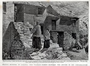 Ostermorgen auf Korsika, der Dorfpriester segnet die Häuser seiner Gemeinde - Illustration für The Graphic von English School