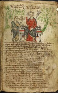 Edward II. sitzt auf einem Thron, mit Zepter in der linken Hand und berührt seine Krone mit der rechten Hand. Eine kleine Figur (möglicherweise eine Personifikation von Wales) bietet ihm eine weitere Krone an (wahrscheinlich die Krone von Schottland). Es w von English School
