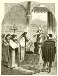 Eduard VI. überreicht den Haftbefehl für die Hinrichtung von Joan Bocher an Erzbischof Cranmer von English School