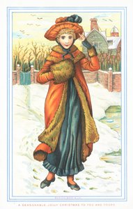 Elegante Dame im Schnee, Weihnachtskarte von English School