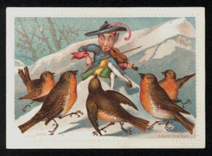 Elf mit einer Geige unterhält eine Gruppe von Rotkehlchen, Neujahrskarte von English School