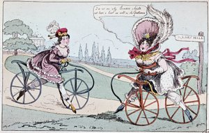 Englische Karikatur über Steckenpferde im Jahr 1819 (erste Fahrräder) - in „Le cycling théorique et pratique“ von Baudry de Saulnier von English School