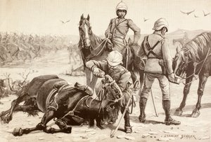 Englische Kavallerie tränkt ihre Pferde während des Mahdi-Aufstands, Sudan in den 1880er Jahren (Lithografie) von English School