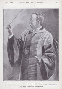 Der englische Komponist, Organist und Dirigent Sir Frederick Bridge probt für die verschobene Krönung von König Edward VII. von English School