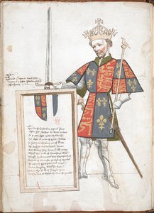 Englischer König in Rüstung und Wappenrock (Richard II), präsentiert eine Tafel mit Versen