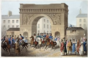 Engländer und Verbündete zogen in Paris ein in "Historical, military and naval anecdotes and incidents that arrived at the arms of Great Britain and their allies, ending in Waterloo" von Edward Orme. Illustriert von Fry, Sutherland, Clark, Dubourg, W.Heart von English School