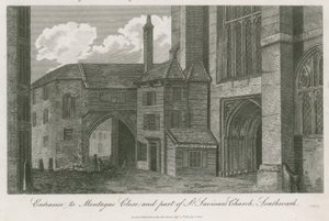 Eingang zu Montague Close und Teil der St. Saviours Kirche, Southwark, Surrey von English School