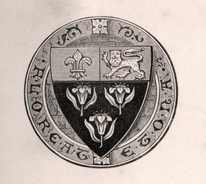 Eton-Schild über Rundel mit Schulmotto, Illustration aus Memoirs of Eminent Etonians von Sir Edward Creasy, veröffentlicht in London 1876 von English School