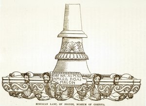 Etruskische Bronzelampe im Museum von Cortona (Gravur) (s/w Foto)