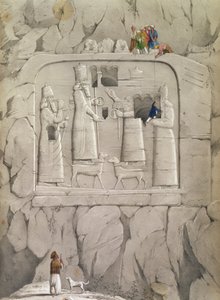 Untersuchung einer assyrischen Felsenskulptur, aus "Entdeckungen in den Ruinen von Ninive und Babylon" von Austen Henry Layard