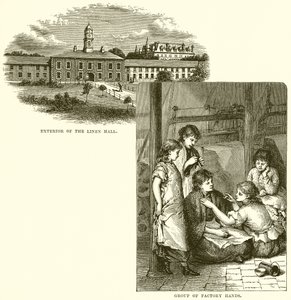 Außenansicht der Leinenhalle. Gruppe von Fabrikarbeitern von English School