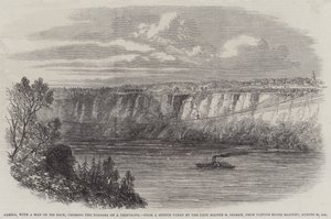 Farina, mit einem Mann auf dem Rücken, überquert den Niagara auf einem Drahtseil, vom Balkon des Clifton House, 29. August 1860 (Stich) von English School