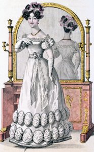 Modeplatte einer Dame im Abendkleid, Werbung aus 