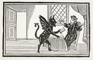 Faustus wird vom Geist gewarnt, sein Ende zu erwarten, Illustration aus Chap-books of the Eighteenth Century von John Ashton, veröffentlicht 1882