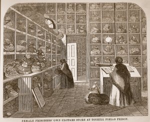 Kleiderlager für weibliche Gefangene im Tothill Fields Prison, Illustration aus The Criminal Prisons of London and Scenes from Prison Life von Henry Mayhew und John Binny, veröffentlicht 1862