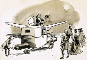 Fiktive Flüge zum Mond beinhalteten Kutschen, die von Gänsen gezogen oder von Feuerwerkskörpern angetrieben wurden von English School