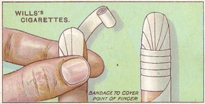 Fingerverband, Nr. 50 aus der Erste-Hilfe-Serie von Willss Zigarettenkarten, 1913 von English School