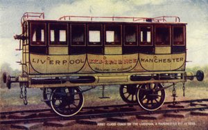 Erste Klasse Wagen auf der Liverpool und Manchester Eisenbahn im Jahr 1838 von English School