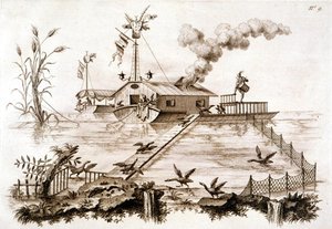 Fischen mit Kormoranen unter Verwendung eines Wasserbootes und eines eingezäunten Geheges, Illustration aus 
