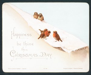 Fünf kleine Rotkehlchen im Schnee, Weihnachtskarte von English School