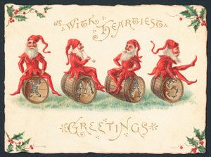 Vier Kobolde sitzen auf Fässern, Weihnachtskarte