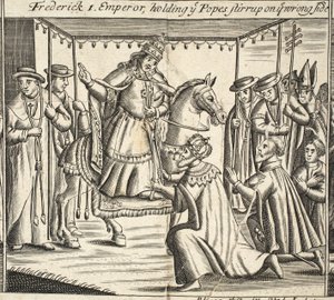 Friedrich I., Kaiser, hält den Steigbügel des Papstes auf der falschen Seite, Illustration aus Acts and Monuments von John Foxe, neunte Ausgabe, veröffentlicht 1684 von English School