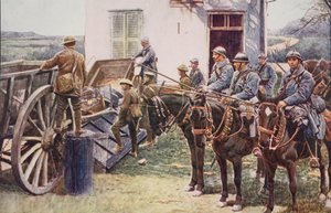 Französische Lanzenreiter kommen an einem Dorfvorposten an, um den britischen Streitkräften zu helfen, 1914-19 von English School