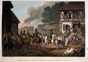 Französische Truppen ziehen sich durch und plündern ein Dorf (Aquatinta) von English School