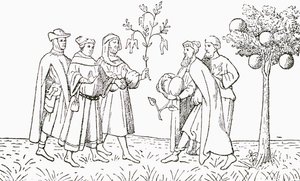 Bruder Oderic von Pordenone hält einen Ast von einem Baum, auf dem Vögel wachsen, gezeigt vom örtlichen König, der Lammbaum von Tartary, zeigt ein Lamm, das herauskommt, Illustration aus The Strand Magazine von English School