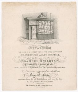 Vorderseite von Nr. 3, Sweetings Alley, Cornhill, ehemals Eigentum von Samuel Knights, Druckverkäufer und Rahmenmacher von English School