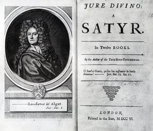 Frontispiz und Titelseite für Jure Divino: A Satyr von Daniel Defoe, veröffentlicht 1706 von English School