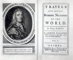 Frontispiz und Titelseite zu Gullivers Reisen von Jonathan Swift, 1726 von English School
