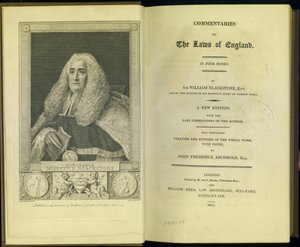 Frontispiz und Titelseite aus Commentaries on the Laws of England in Four Books, von Sir William Blackstone, Knt., veröffentlicht von M. und S. Brooke, London, 1811