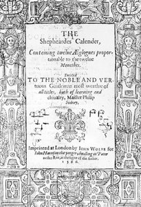 Frontispiz von The Shepheardes Calender von Esmond Spenser (1552-99), veröffentlicht 1586 von English School