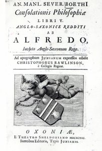 Frontispiz zu Christopher Rawlinsons Übersetzung von Alfred des Großen Ausgabe von Boethius De Consolationis Philosophiae, 1698 von English School