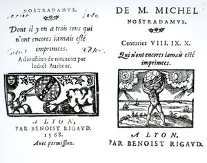 Frontispiz zu Die Prophezeiungen von M. Michel Nostradamus, veröffentlicht von Benoist Rigaud, 1568