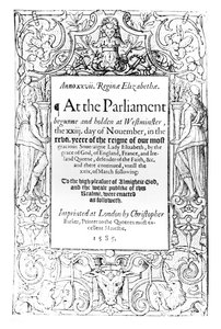 Frontispiz zu einem Bericht über das Parlament von Königin Elizabeth, abgehalten zwischen dem 23. November 1584 und dem 24. März 1585 (gedruckt von Christopher Barker, 1585) von English School