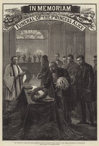 Beerdigung der Prinzessin Alice, der Prinz von Wales und Prinz Leopold legen Kränze auf den Sarg im Familienmausoleum in Rosenhohe (Gravur) von English School
