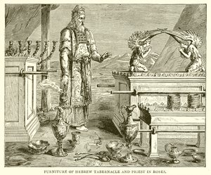 Möbel des hebräischen Tabernakels und Priester in Gewändern
