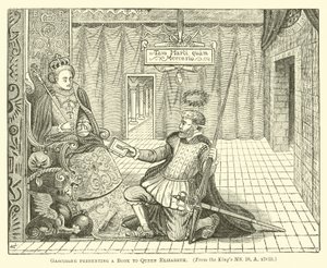 Gascoigne überreicht Königin Elizabeth ein Buch von English School