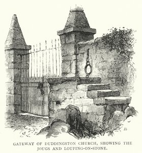 Tor der Duddingston Kirche, mit den Jougs und Louping-on-Stein (Stich) von English School
