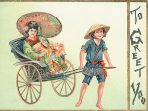 Geisha-Mädchen wird im Wagen gezogen