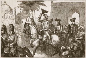 General Goddard betritt Surat, Illustration aus Cassells Illustrierter Geschichte Indiens von James Grant, veröffentlicht 1879 von English School