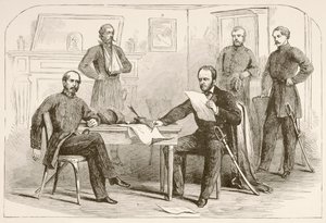 General Joseph Eggleston Johnston kapituliert die Armee von Tennessee an General William Tecumseh Sherman (Lithographie)
