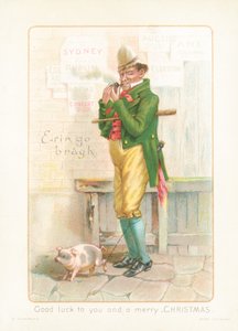 Herr raucht Pfeife und führt Schwein! Weihnachtskarte von English School