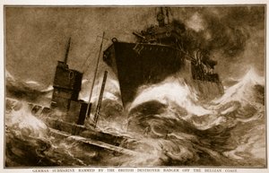 Deutsches U-Boot von britischem Zerstörer Badger vor der belgischen Küste gerammt, 1914-19