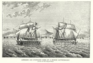 Gibraltar: Backbord- und Steuerbordseite eines spanischen Bombenschiffs (Stich)